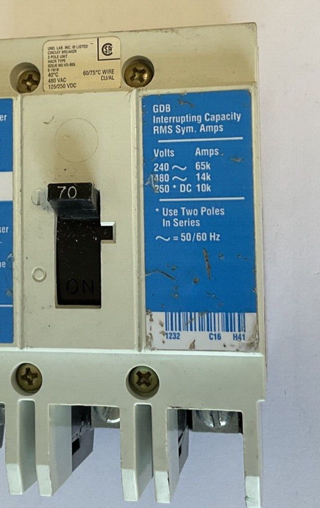WESTINGHOUSE GDB 14K CIRCUIT BREAKER 70A 480VAC 3POLE 50/60HZ GDB3070