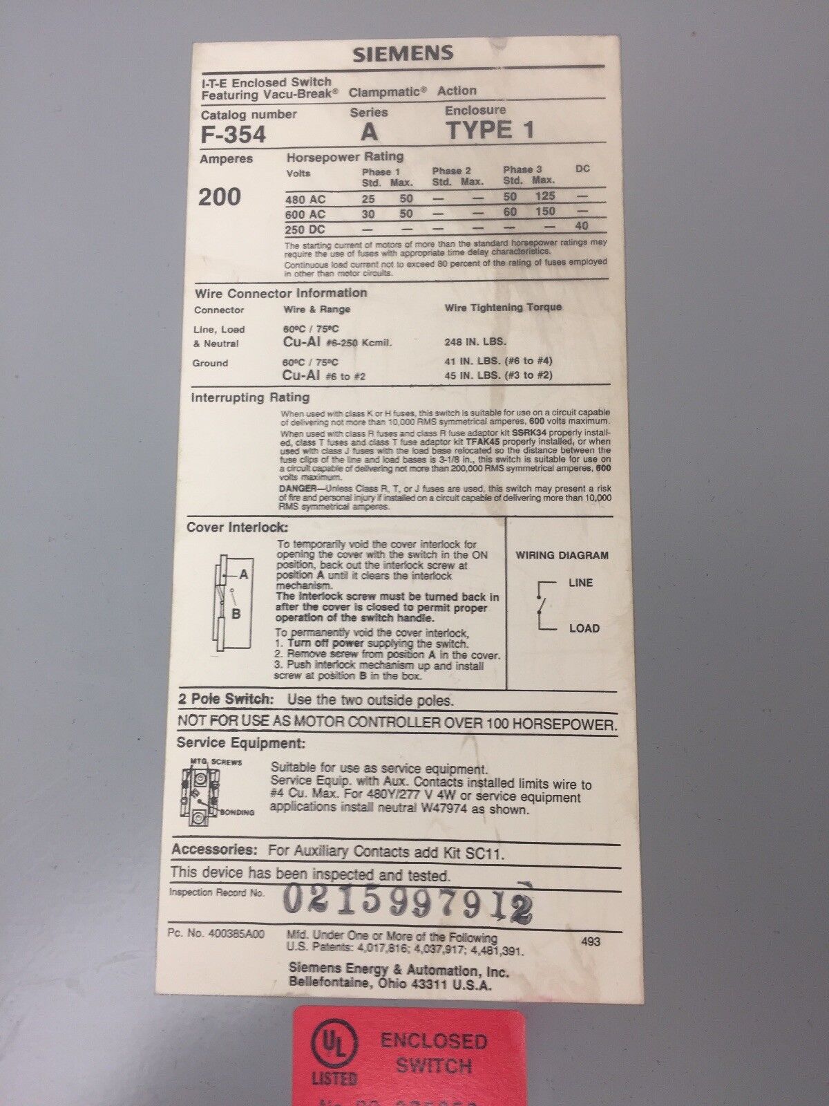 SIEMENS F354 VACU-BREAK SWITCH WITH CLAMPMATIC CONTACTS 200 AMP 600 VAC