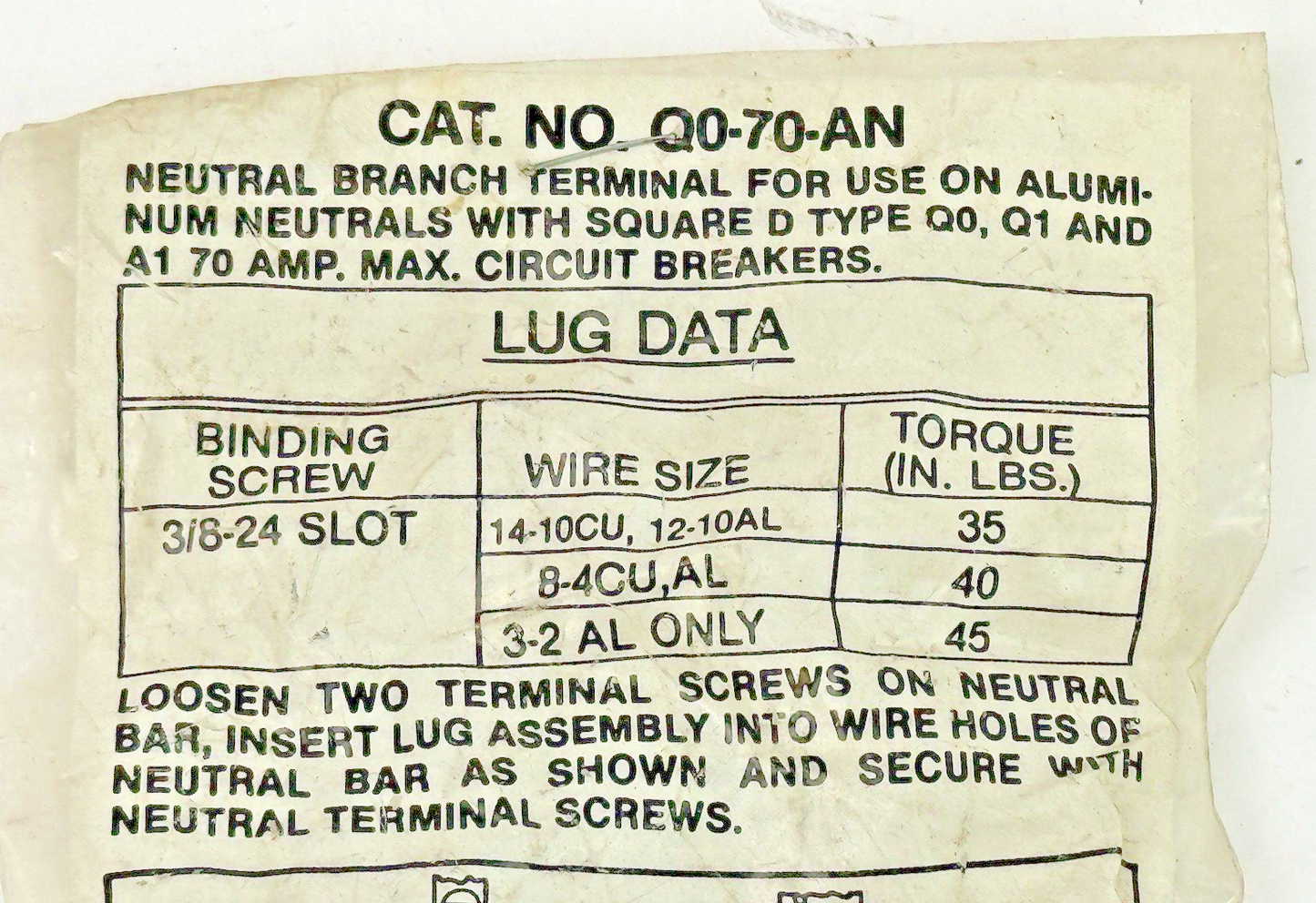 SQUARE D - Q0-70-AN - NEUTRAL BRANCH TERMINAL FOR USE ON ALUMINUM- NEW OLD STOCK