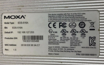 MOXA EDS-516A ETHERNETDEVICE SWITCH REV. 1.5 12-45VDC 1.6A CLASS2