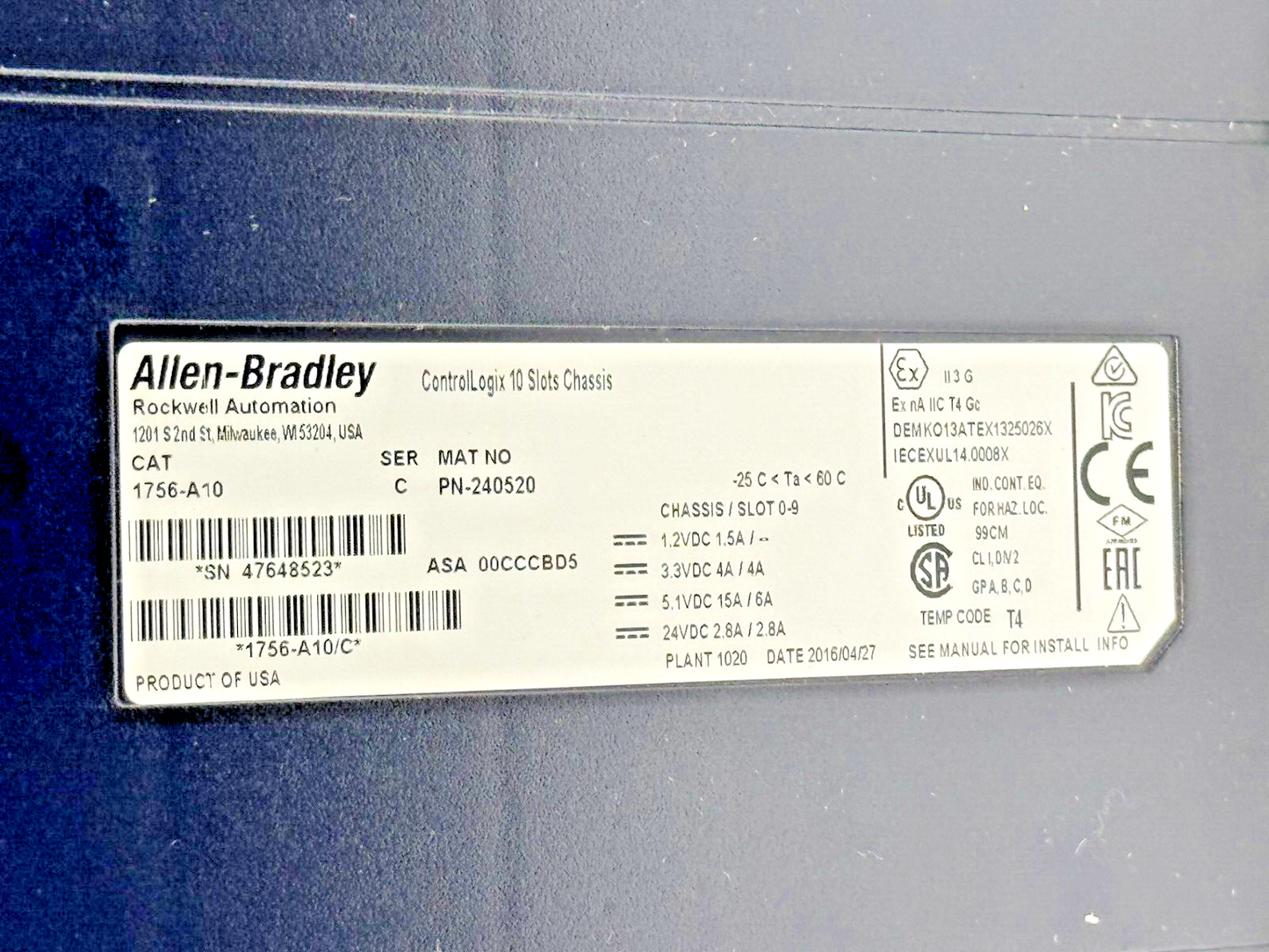 ALLEN-BRADLEY - 1756-PB75 SER. B - CONTROLLOGIX 24 VDC POWER SUPPLY & 1756-A10/C
