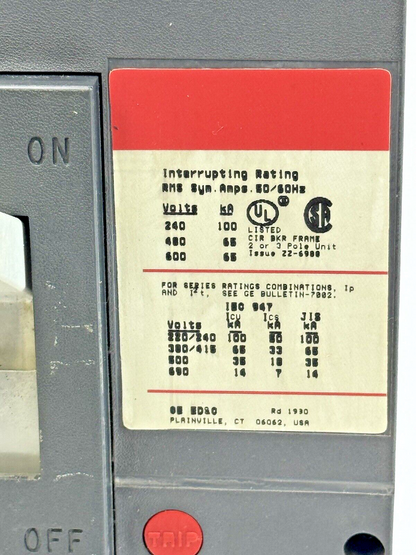 GE - SGLB36BA0400 - CIRCUIT BREAKER - 3 POLE/600 VAC/400A - W/ 250 A RATING PLUG