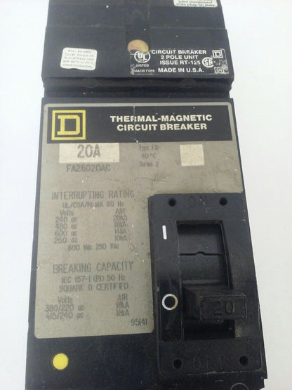 SQUARE D KA26020AC SERIES 2 THERMAL-MAGNETIC CIRCUIT BREAKER 2P 20A 600VAC 25KA