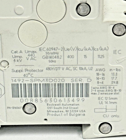 ALLEN-BRADLEY - 1492-SPM3D020 SER. D - CIRCUIT BREAKER - 3 P, 2 A, 277 V