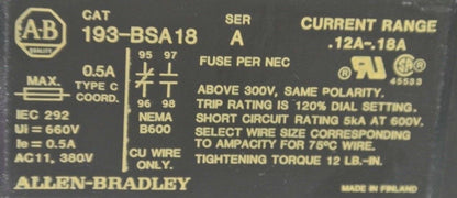 ALLEN-BRADLEY 193-BSA18 BI-METALLIC OVERLOAD RELAY 0.12A-0.18A / NEW SURPLUS