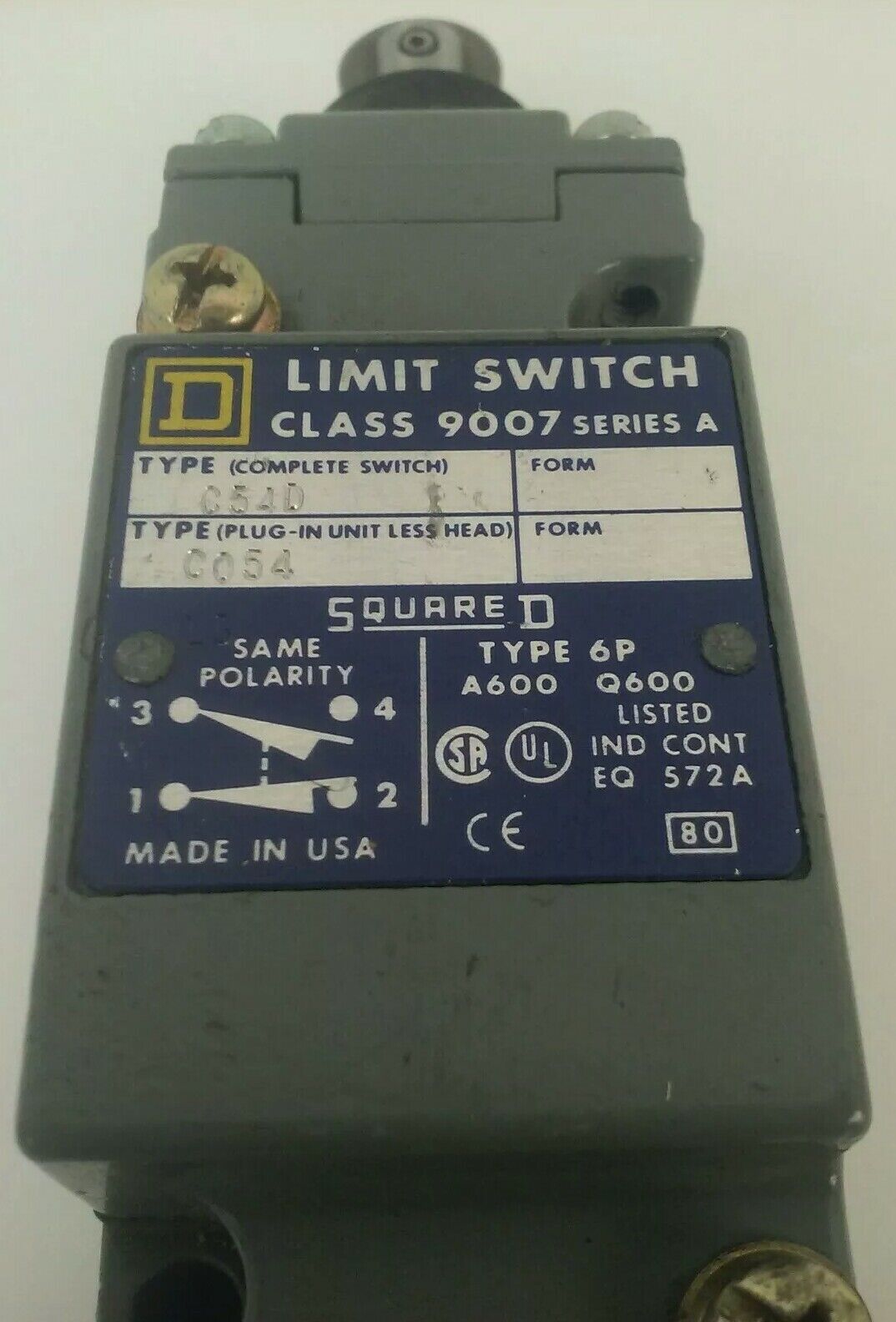 SQUARE D C54D CO54 CLASS 9007 SER. A LIMIT SWITCH TYPE 6P TYPE CT-54 TYPE D HEAD