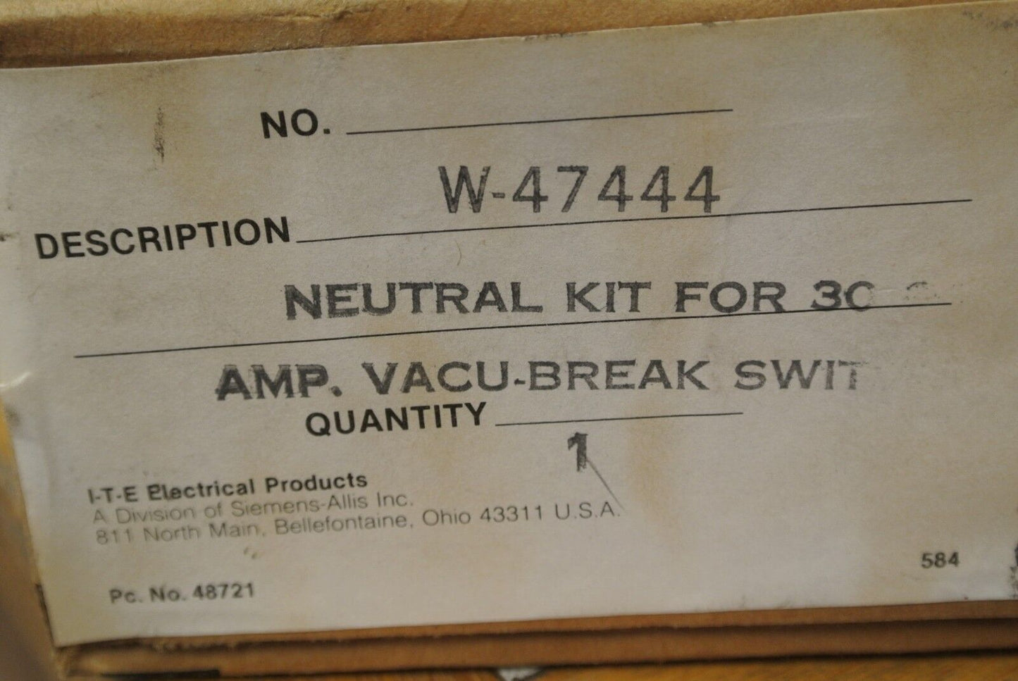 I-T-E / SIEMENS-ALLIS W-47444 NEUTRAL KIT for 30A VACU-BREAK SWITCH, NEW SURPLUS