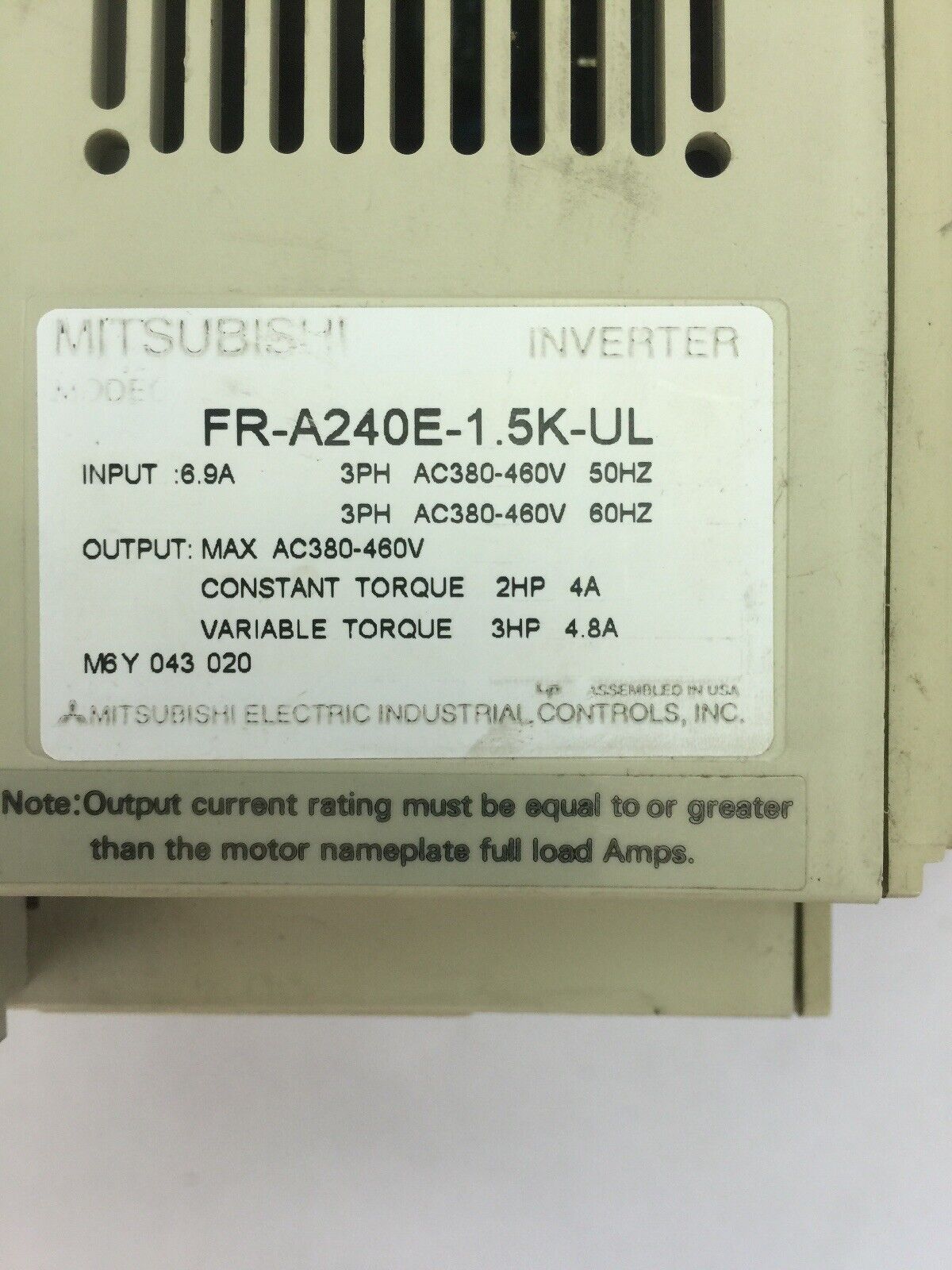 Mitsubishi FREQROL-A200 FR-A240E-1.5K-UL INVERTER INPUT 6.9A 3PH 380-460VAC