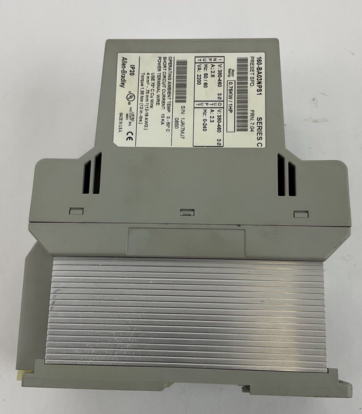 ALLEN BRADLEY 160-BA03NPS1 SPEED CONTROLLER SER.C FRN7.04 1HP .75KW 460V 2.8A