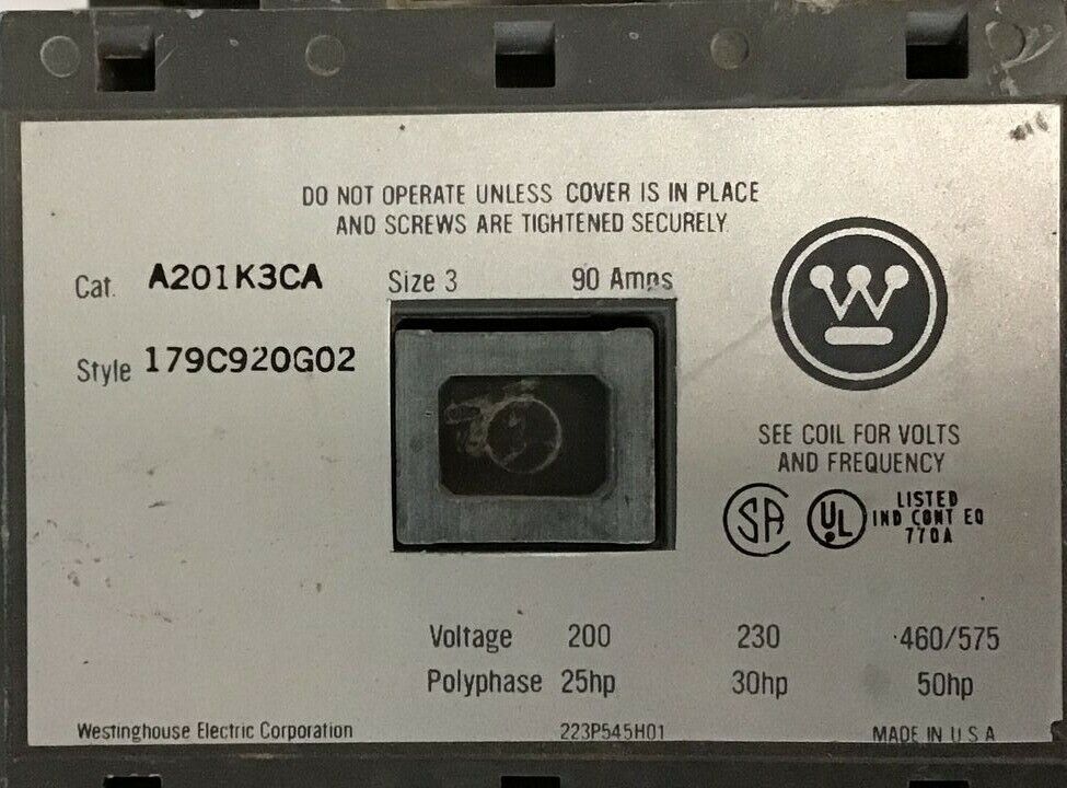 WESTINGHOUSE A201K3CA MOTOR STARTER 460/575V 50HP 90A SIZE 3 W/ AA33AB RELAY