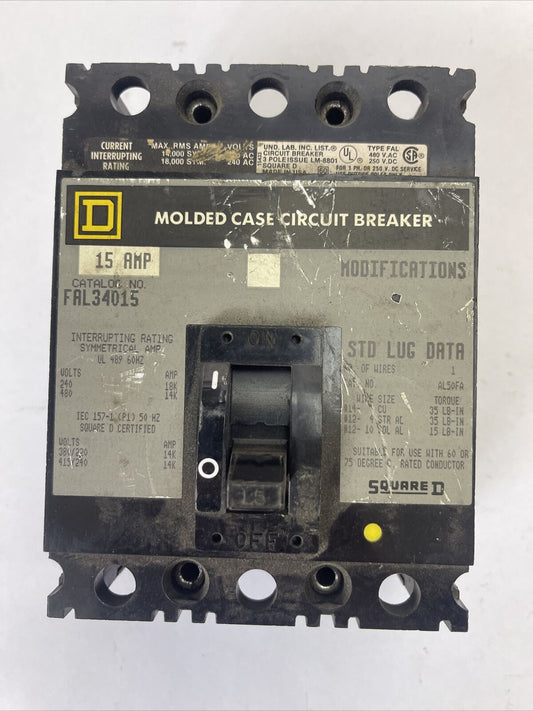 SQUARE D FAL34015 MOLDED CASE CIRCUIT BREAKER 15AMP 480VAC 250VDC 3POLE