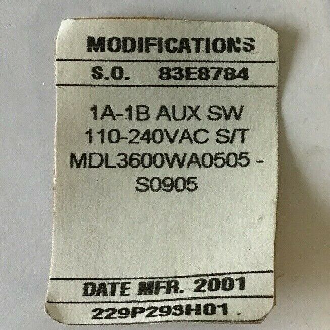 WESTINGHOUSE 83E8784 1A-1B AUX SWITCH 110-240VAC S/T MDL3600WA0505-S0905