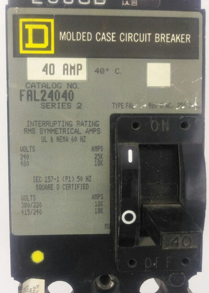 SQUARE D FAL24040 SERIES 2, 2 POLE, 40AMP, 480V CIRCUIT BREAKER, FAL-24040, USED