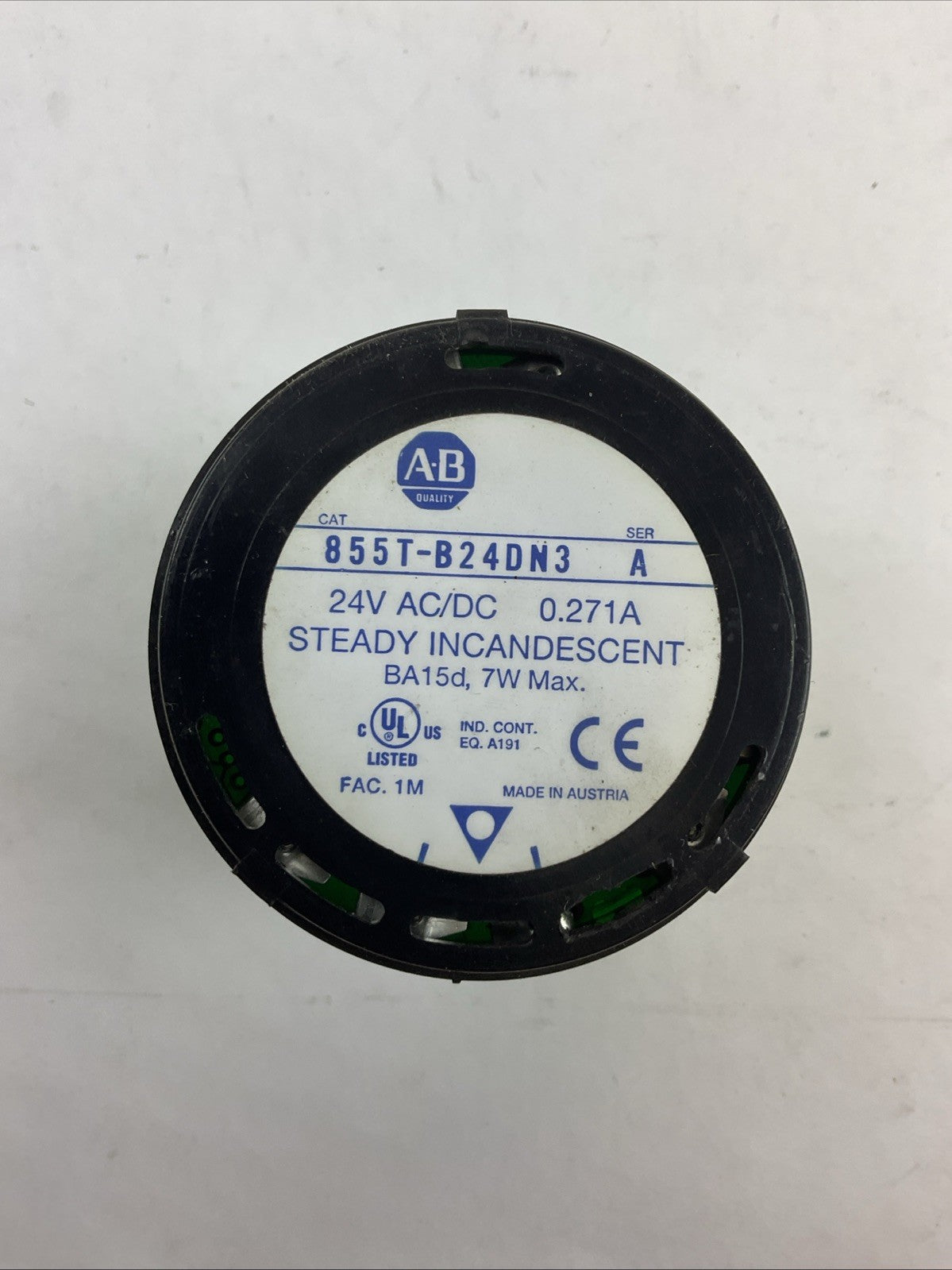 ALLEN BRADLEY 855T-B24DN3 SER A 24V 0.271A STEADY INCANDESCENT GREEN STACK LIGHT