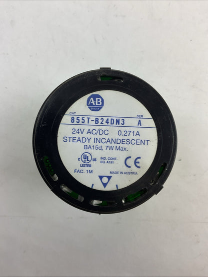 ALLEN BRADLEY 855T-B24DN3 SER A 24V 0.271A STEADY INCANDESCENT GREEN STACK LIGHT