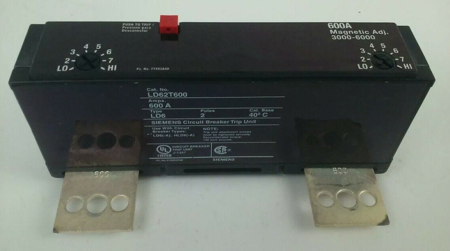 SIEMENS LD62T600 SENTRON MCCB TRIP UNIT ONLY 2P 600A 600V FRAME LD TYPE LD6