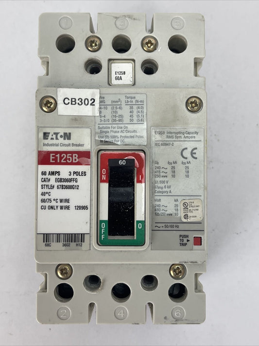 EATON EGB3060FFG INDUSTRIAL CIRCUIT BREAKER 60AMP 3POLE 250VDC 480VAC 67B3600G12