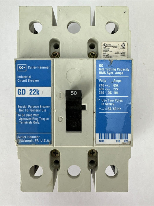 CUTLER HAMMER GD3050 GD 22K CIRCUIT BREAKER 50AMP 480VAC 250VDC 3POLE