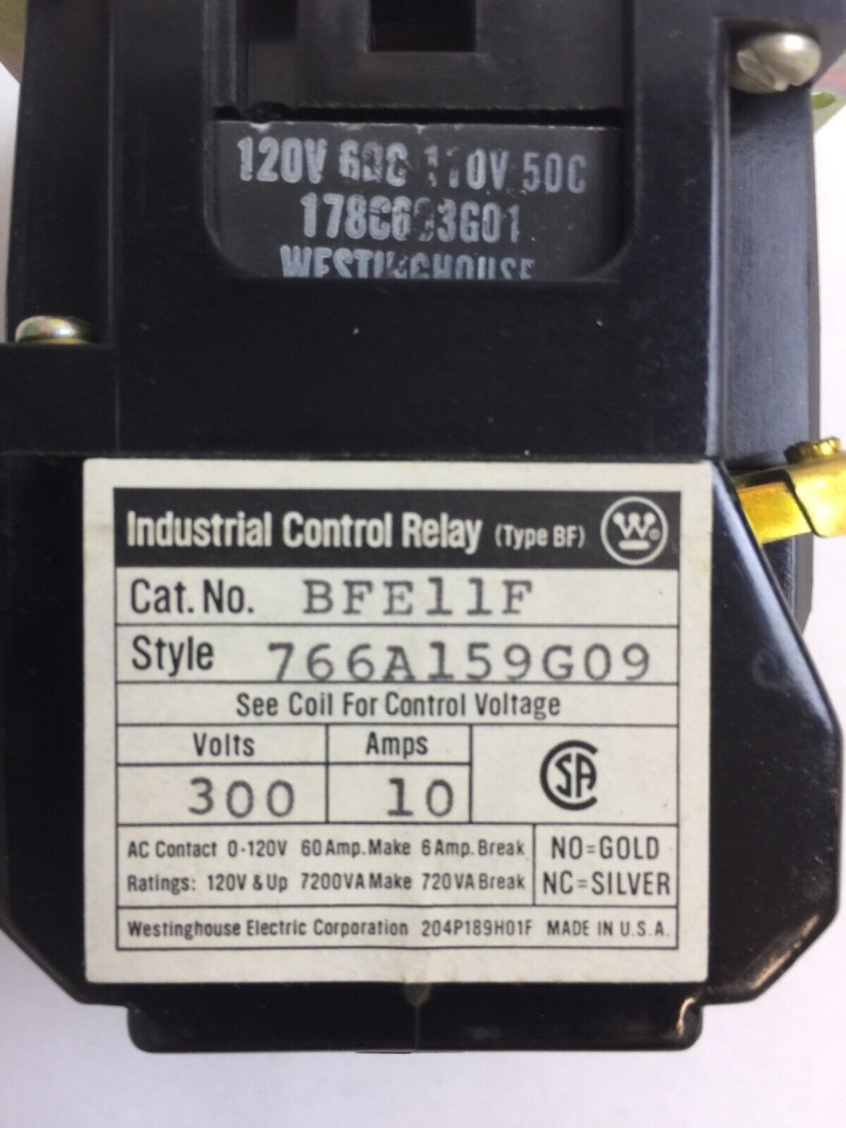 WESTINGHOUSE BFE11F CONTROL RELAY 300VAC 10A 766A159G09 COIL 120V 60C 178C603G01