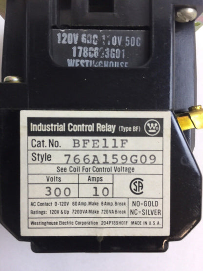 WESTINGHOUSE BFE11F CONTROL RELAY 300VAC 10A 766A159G09 COIL 120V 60C 178C603G01