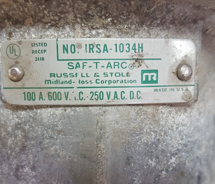 Russellstoll SAF-T-ARC Receptacle IRSA-1034H, 100A, 600V.A.C., 250V.A.C. D.C.