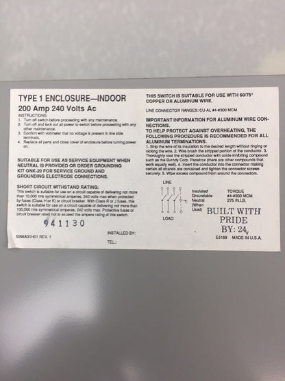 CHALLENGER GD324NFC 200 AMP 240 VAC 3 POLES NEMA 1 NON FUSIBLE GENERAL DUTY