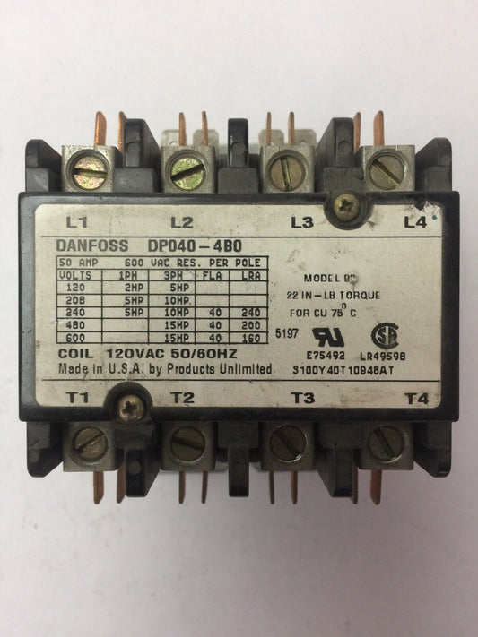 DANFOSS DP040-4BO CONTACTOR 600VAC 50AMP 15HP 3PH 4POLE COIL 120VAC 50/60HZ