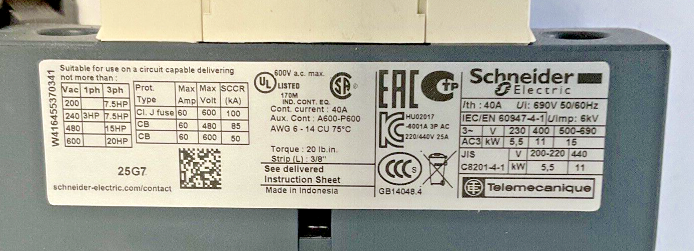 SCHNEIDER ELECTRIC LC1 D25 W/ LRD 22 CONTACTOR