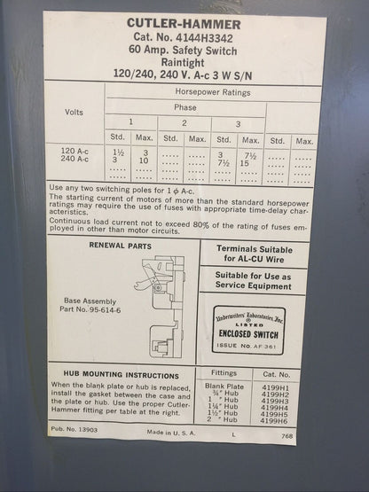 CUTLER HAMMER 4144H3342 FUSIBLE SAFETY SWITCH 60A 240V 2P 15HP 3PH RAINTIGHT