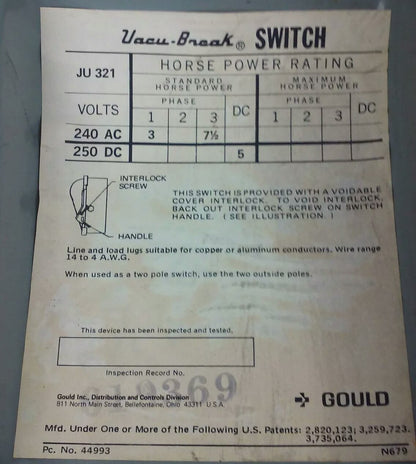 GOULD I-T-E, JU321, 30A, 240VAC/250VDC, 7.5 MAX H.P., 3PH, NEW GOOD CONDITION