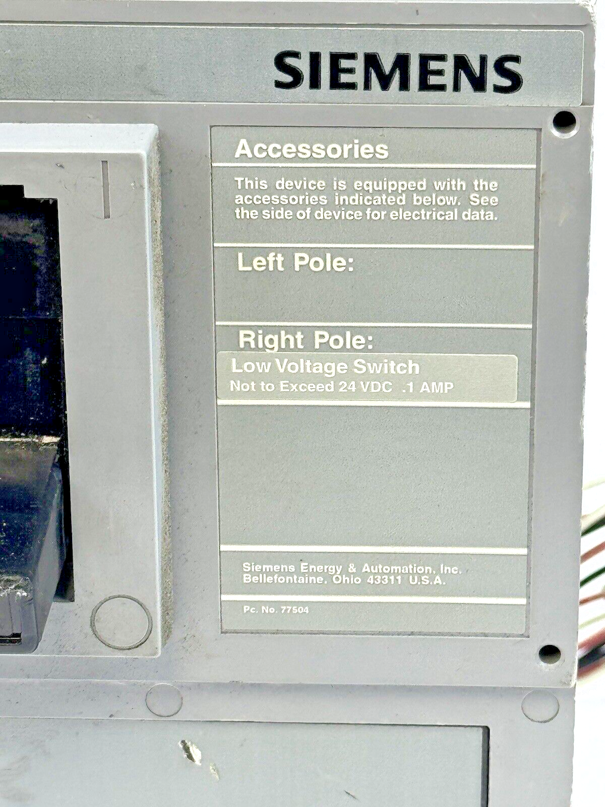 SIEMENS - JXD62S400A - SWITCH W/ A01JLDLV LOW VOLT AUX SWITCH 2 POLE/400A/600VAC