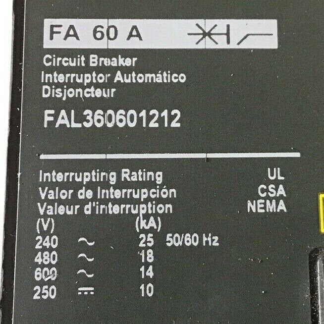 SQUARE D FAL360601212 60A CIRCUIT BREAKER 600VAC 250VDC