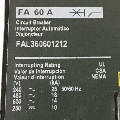 SQUARE D FAL360601212 60A CIRCUIT BREAKER 600VAC 250VDC