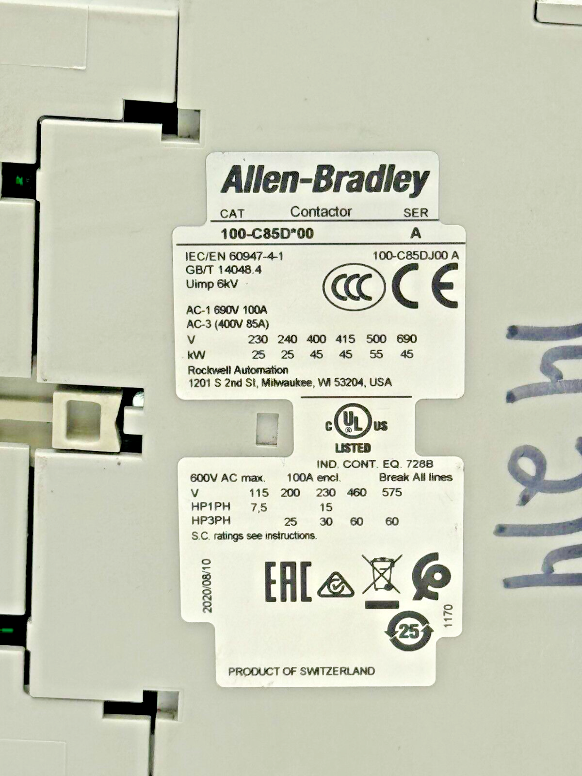 ALLEN-BRADLEY 100-C85D*00 SER. A CONTACTOR W 120 VDC COIL & 100-S CONTACT