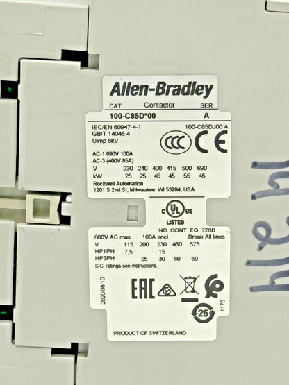 ALLEN-BRADLEY 100-C85D*00 SER. A CONTACTOR W 120 VDC COIL & 100-S CONTACT