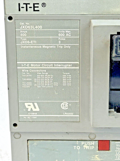 ITE / SIEMENS - JXD63L400 - MAGNETIC TRIP CIRCUIT BREAKER - 400 A/3 POLE/600 VAC