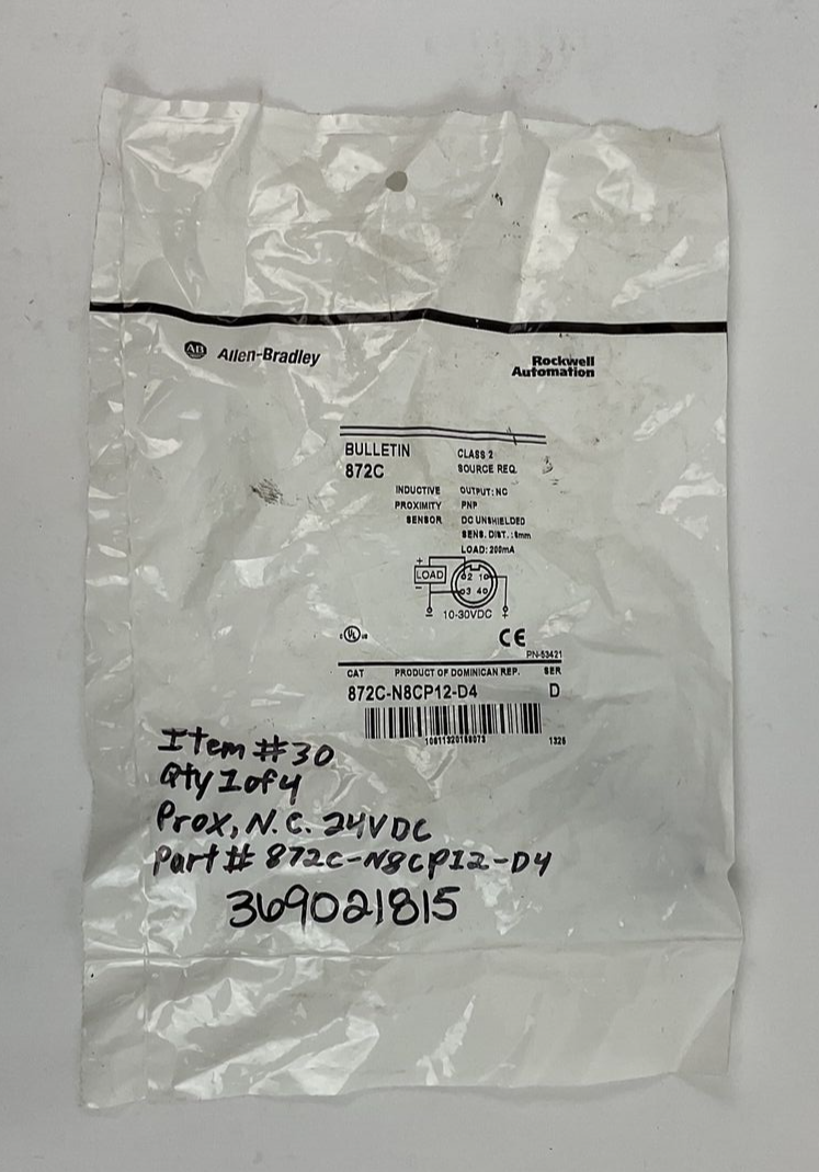 ALLEN BRADLEY 872C-N8CP12-D4 INDUCTIVE PROXIMITY SENSOR SER.D 10-30VDC