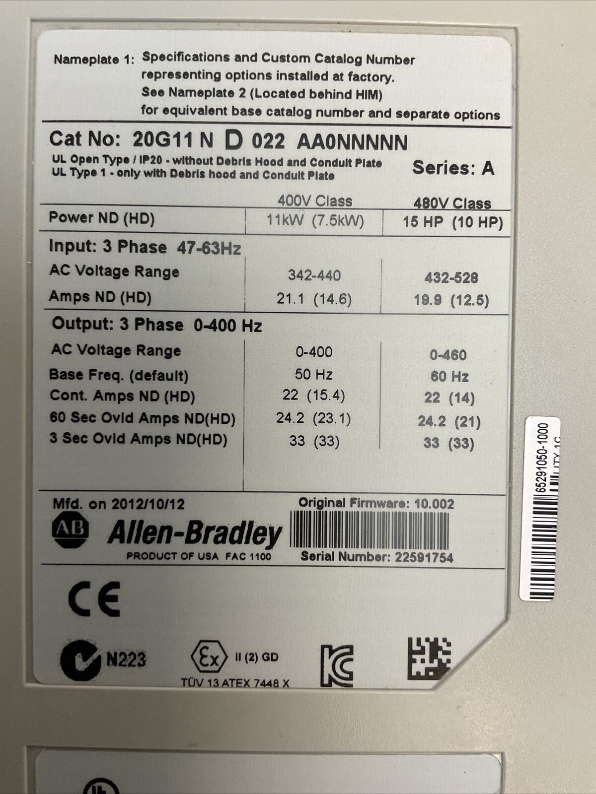 ALLEN BRADLEY 20G11ND022AA0NNNNN AC DRIVE SER A FIRMWARE 10.002 OUTPUT 0-460VAC