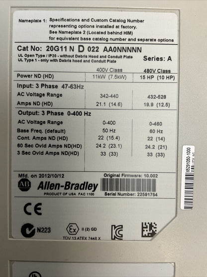 ALLEN BRADLEY 20G11ND022AA0NNNNN AC DRIVE SER A FIRMWARE 10.002 OUTPUT 0-460VAC