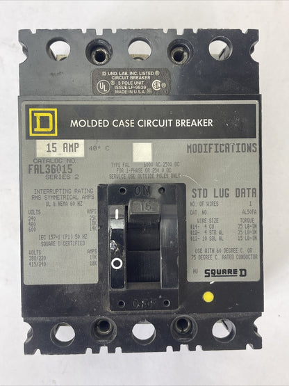 SQUARE D FAL36015 MOLDED CASE CIRCUIT BREAKER 15AMP 600VAC 250VDC 3POLE SERIES 2