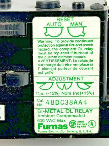 FURNAS / SIEMENS - 48DC38AA4 - BI-METAL OVERLOAD RELAY - 600 VAC