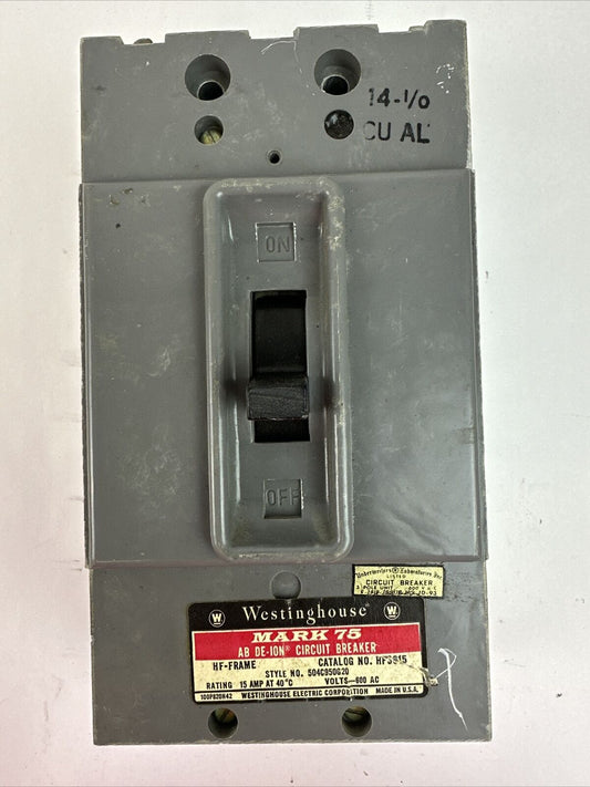WESTINGHOUSE HF3015 15AMP 600VAC 3POLE MARK 75 AB DE-ION CIRCUIT BREAKER