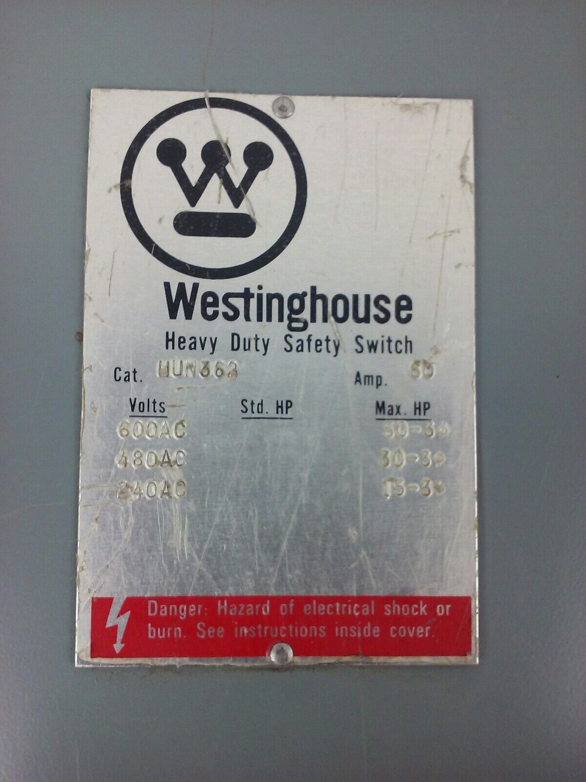 WESTINGHOUSE, HUN362, SAFETY SWITCH, 60A, 600V, 3P, TYPE 1 INDOOR, MISSING PARTS
