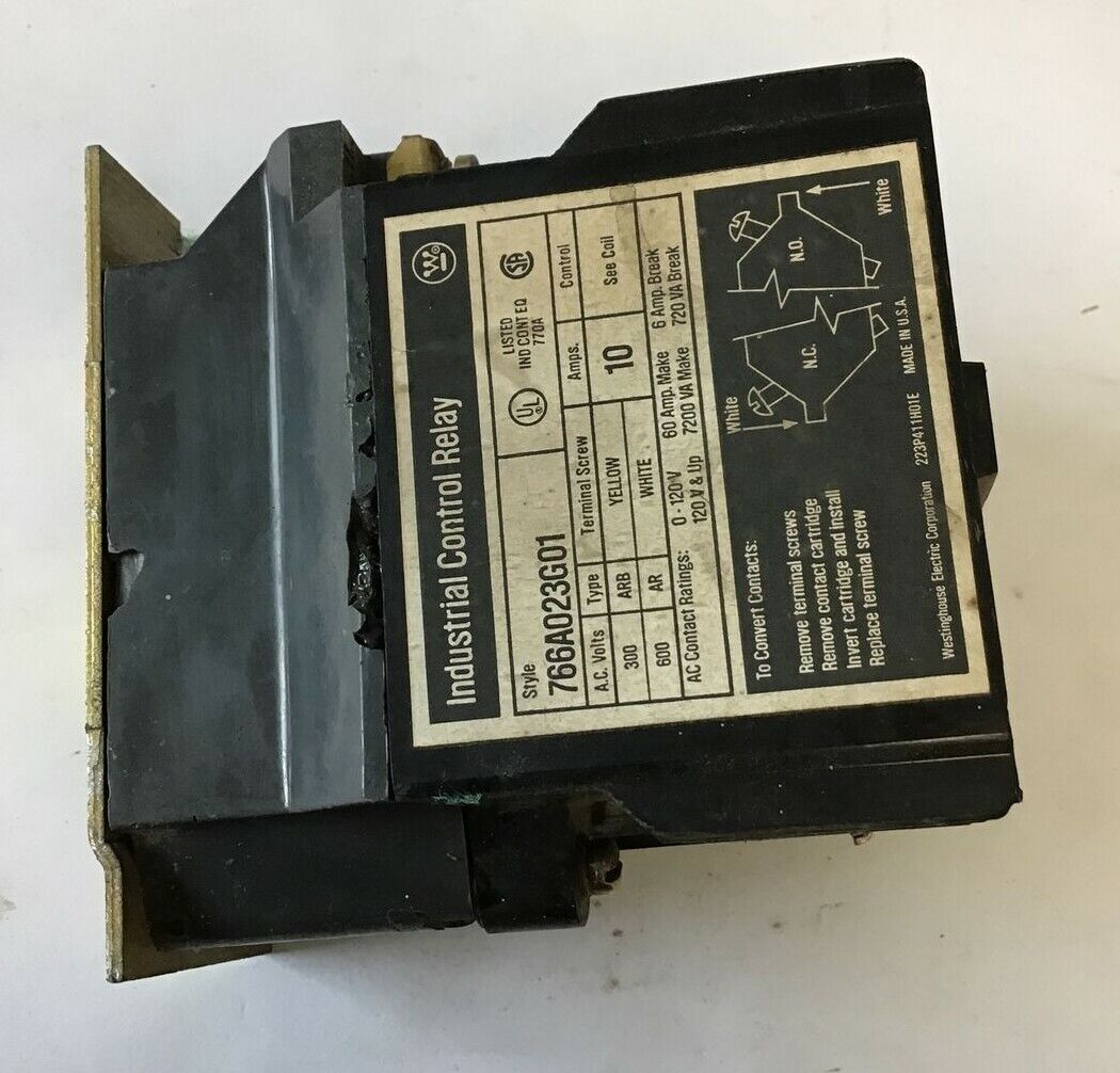 WESTINGHOUSE 766A023G01 INDUSTRIAL CONTROL RELAY 10A 600VAC