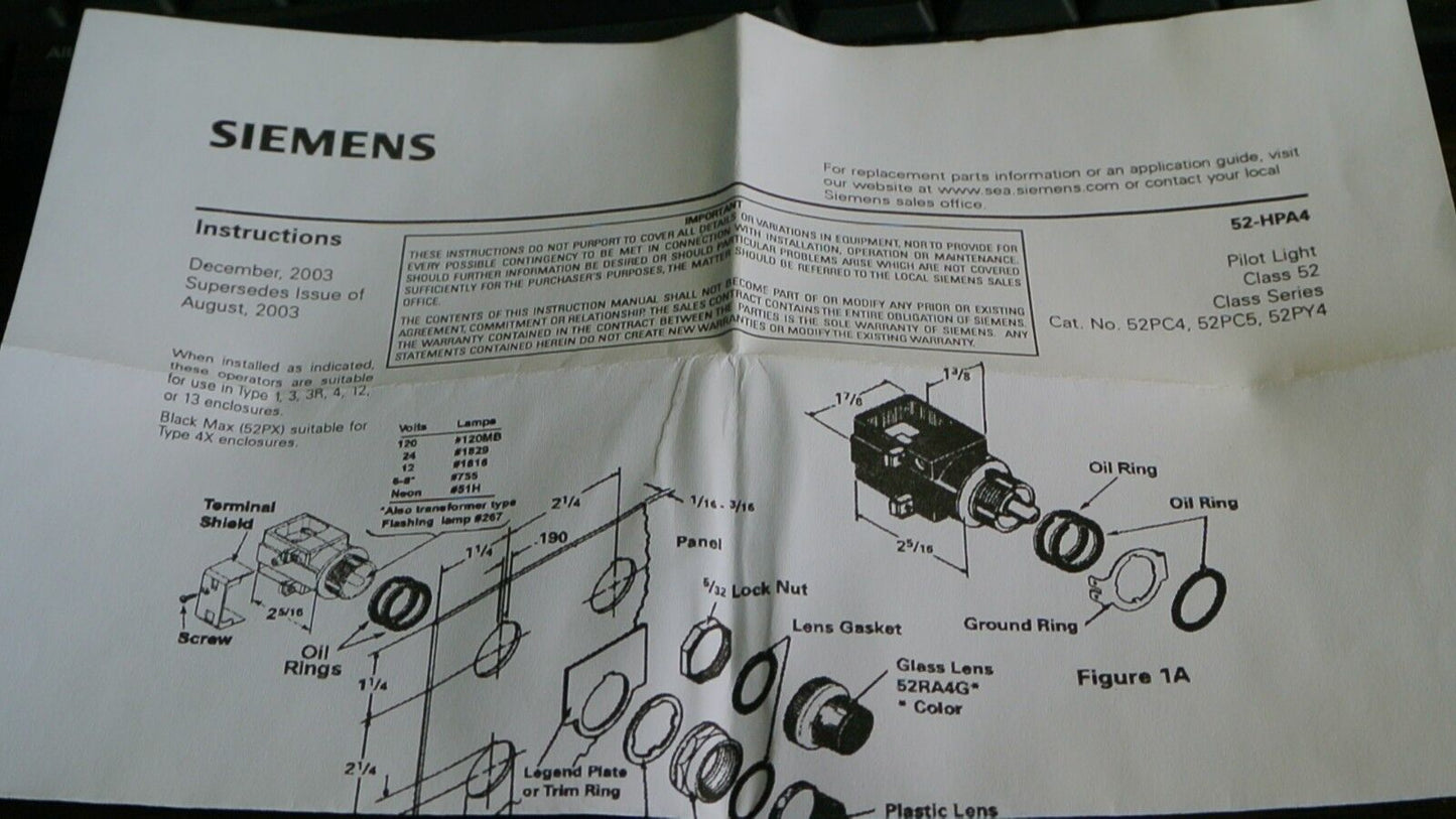 SIEMENS 52PA4G2 OILTIGHT TRANSFORMER-TYPE PILOT LIGHT 120VAC - RED - NEW SURPLUS