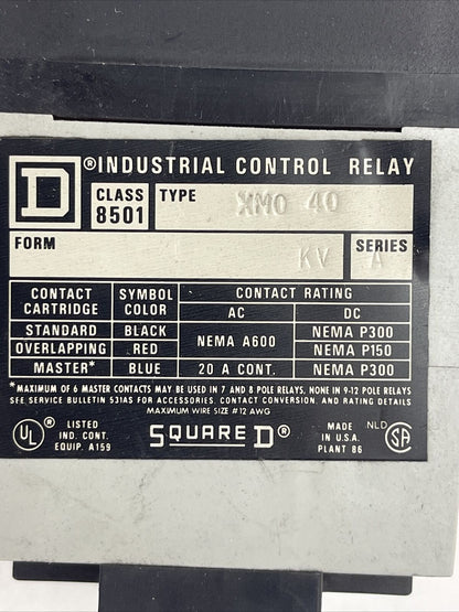 SQUARE D 8501 XM040 INDUSTRIAL CONTROL RELAY FORM KV SER A COIL 120V 60HZ