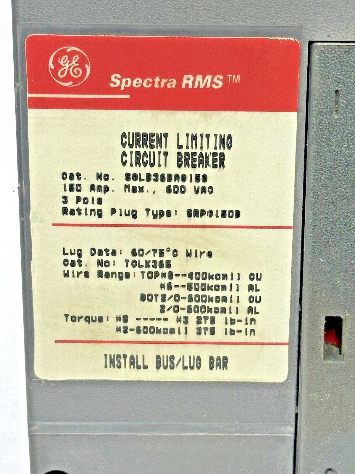 GE - SGLB36BA0150 - CIRCUIT BREAKER - 3 POLE/600 VAC/150A - W/ 100 A RATING PLUG