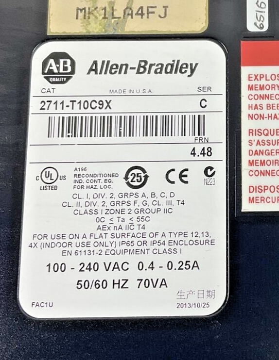 ALLEN BRADLEY 2711-T10C9X SER.C PANELVIEW 240VAC FRN 4.48 0.4-0.25A