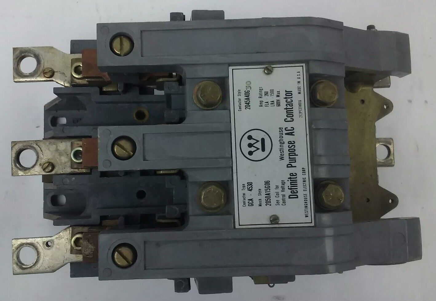 WESTINGHOUSE GCA4530 AC CONTACTOR, 600V MAX, FLA 260A-LRA 1500A, 120V COIL, USED