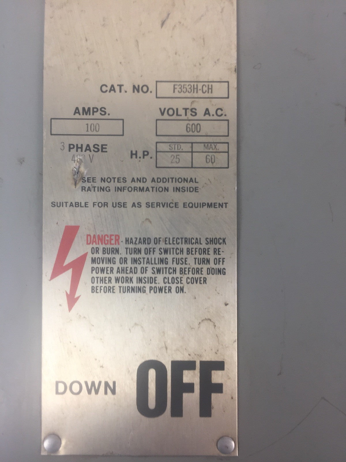 GOULD I-T-E F353H-CH FUSIBLE SAFETY SWITCH 600VAC 250VDC 100AMP 3PH 75HP 3 POLE
